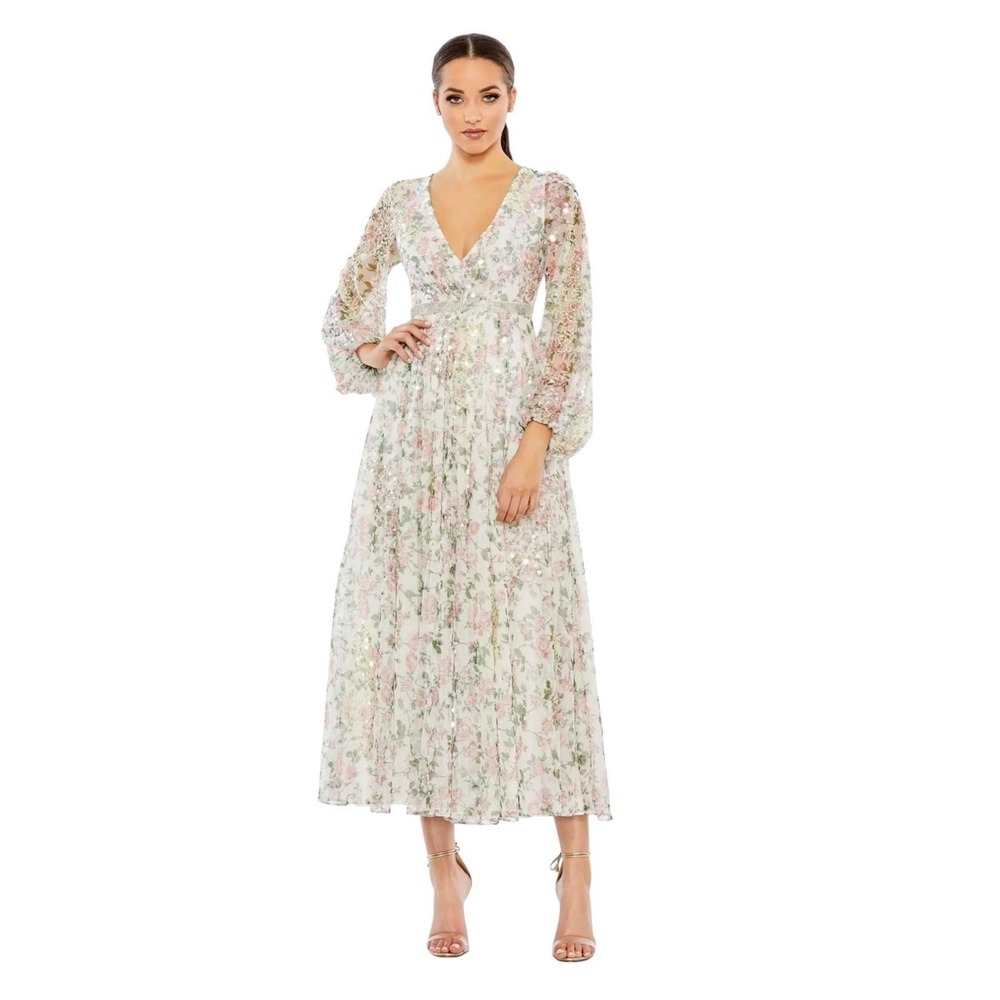Mac Duggal 93788 White Embellished Floral Print Faux Wrap Dress Size 8 $498